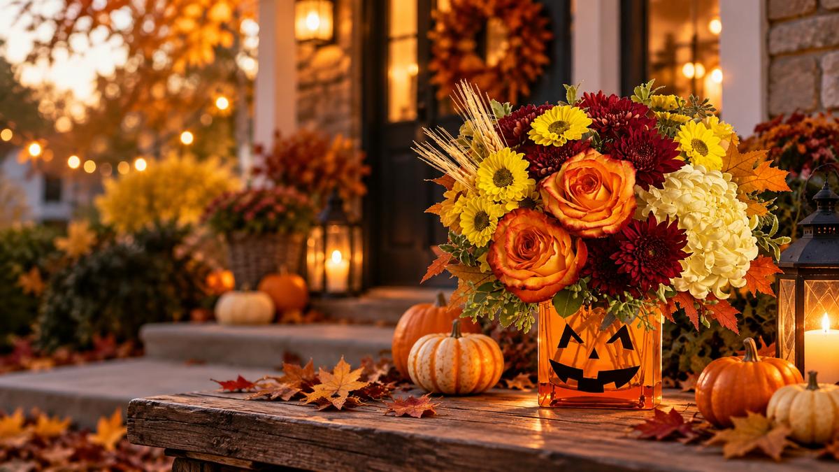 Halloween flowers in a jack-o'-lantern vase - flower delivery in Lee